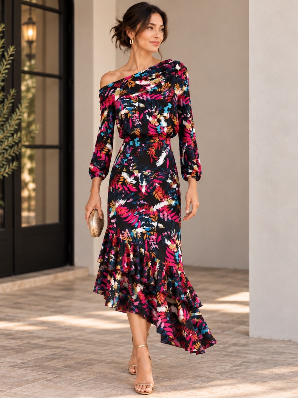 SALONI Lexie 100% Silk Floral Cold Shoulder Ruffle Asymmetric Midi Dress US0/UK4